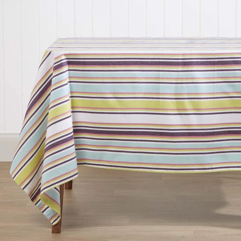 Homescapes Striped Cotton Tablecloth, 137cm x 228cm in Green - Green - Size: One Size