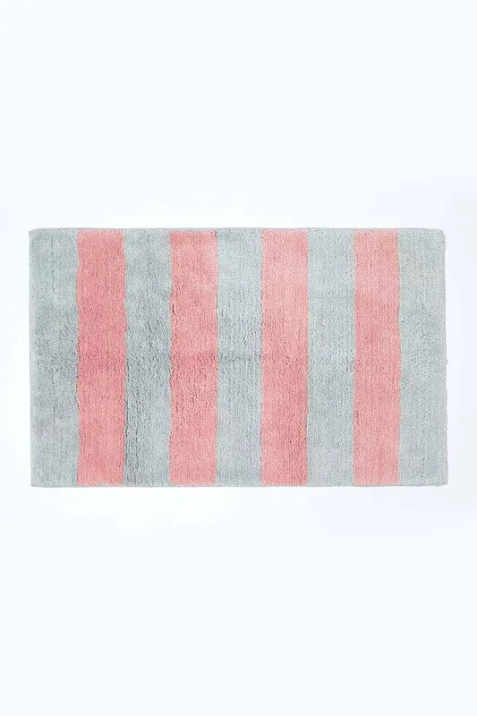 Homescapes Unisex Pink & Grey Striped Cotton Bath Mat Pink female
