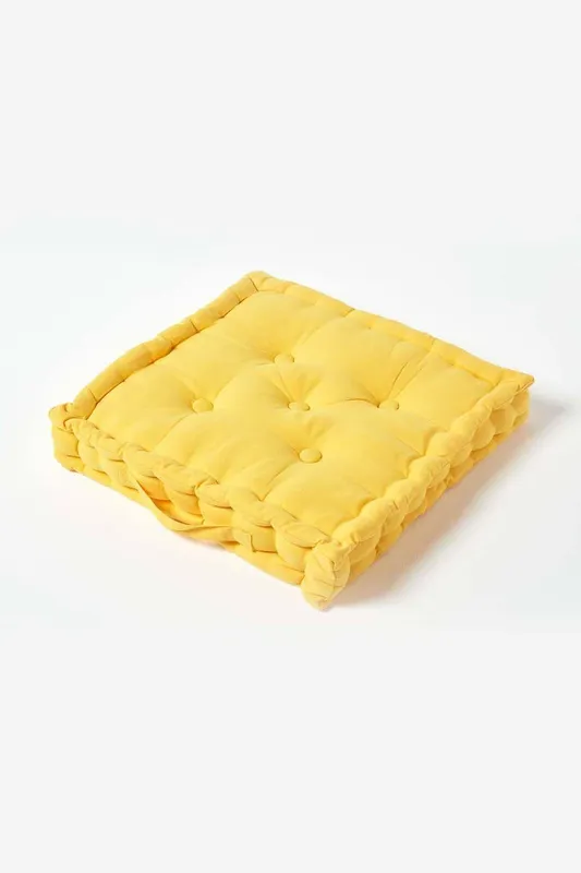 Cotton Yellow Floor Cushion, 40 x 40 cm - Homescapes