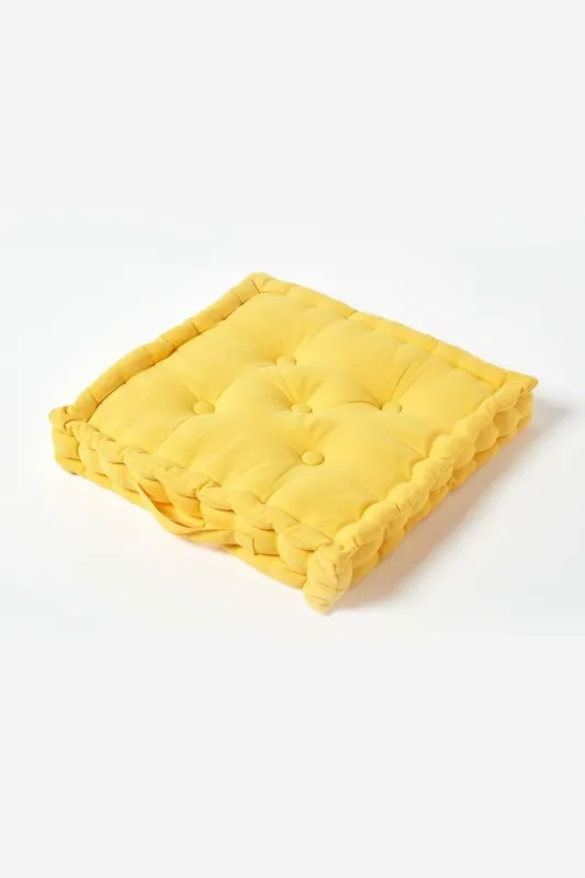 Homescapes Plain Cotton Floor Cushion in Yellow Size: 50 cm x 50 cm Yellow 50 cm x 50 cm
