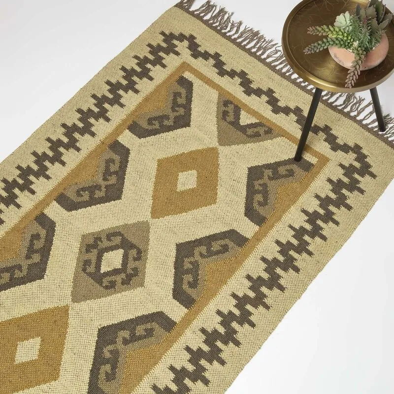 Homescapes - Ravar Brown & Gold Kilim Wool Rug 160 x 230 cm