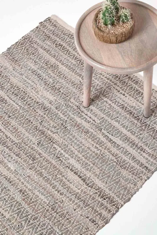 Homescapes - Grey Real Leather Handwoven Diamond Pattern Rug, 120 x 180 cm