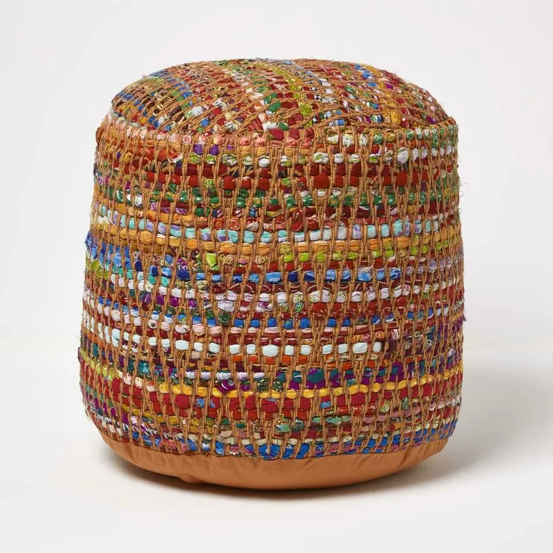 Homescapes - Red and Multi-Colour Chindi Design Circular Bean Filled Pouffe
