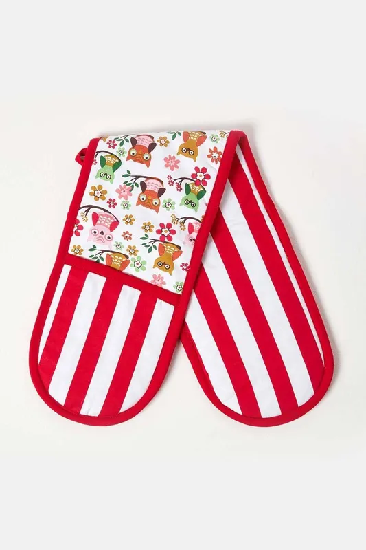 Homescapes Unisex Red Owls Cotton Double Oven Glove Red female