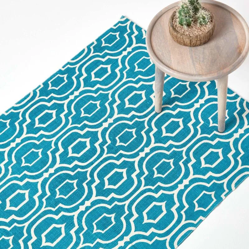 Homescapes - Riga Teal and White 100% Cotton Printed Patterned Rug, 160 x 230 cm