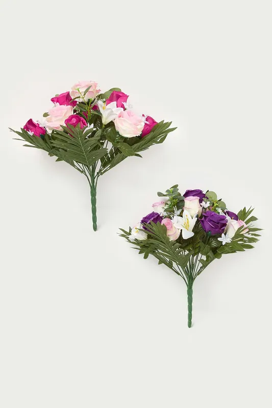 Homescapes Rose & Lily Bouquet, Pink & Purple Set of 2 - Pink