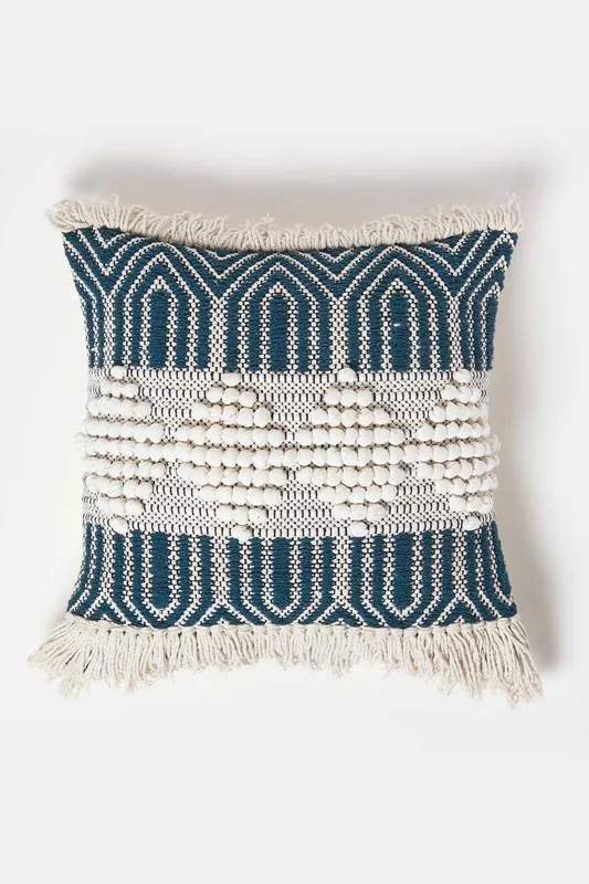 Homescapes Safi Handwoven Fringed Navy & Cream Kilim Cushion Size: 45cm x 45cm - Navy
