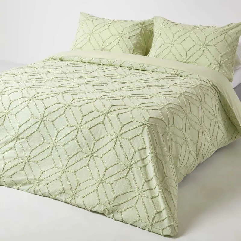 Homescapes Diamond Cotton Tufted Duvet Cover Set in Green Size: Single - Green