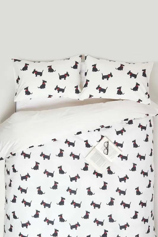 Homescapes Scottie Dog Digitally Printed Cotton Duvet Cover Set in White Size: Double White Double