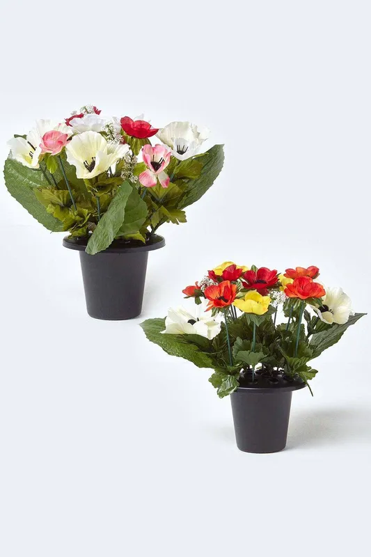 Homescapes Set of 2 Anemone Artificial Flowers in Grave Vases - Multicolor - Size: One Size