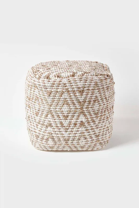 Homescapes Sierra Natural Diamond Pattern Jute Square Bean Filled Pouffe, 40 cm - Natural - Size: One Size