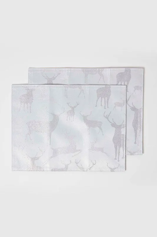 Homescapes Silver Stag Christmas Placemats, Set of 2 - Silver