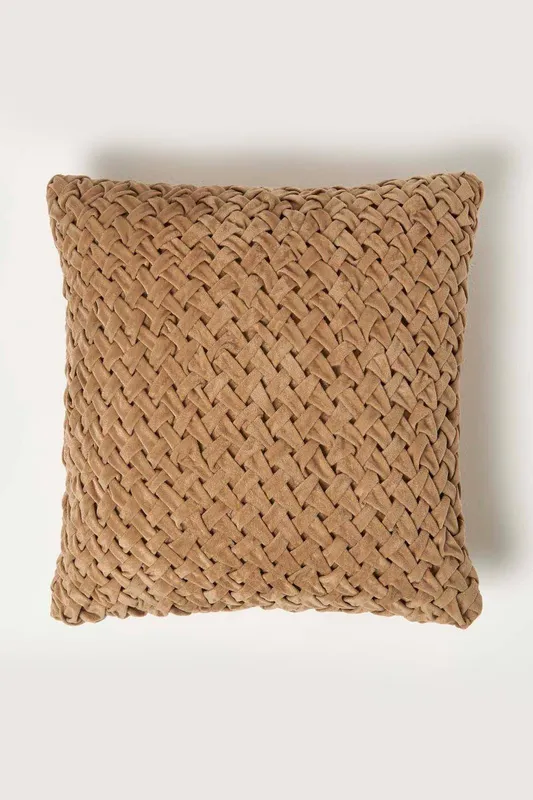 Homescapes Sofia Pleated Velvet Cushion in Taupe Size: 45cm x 45cm - Taupe