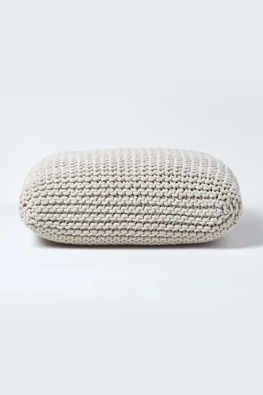 Homescapes Square Cotton Knitted Pouffe Floor Cushion in Natural Natural