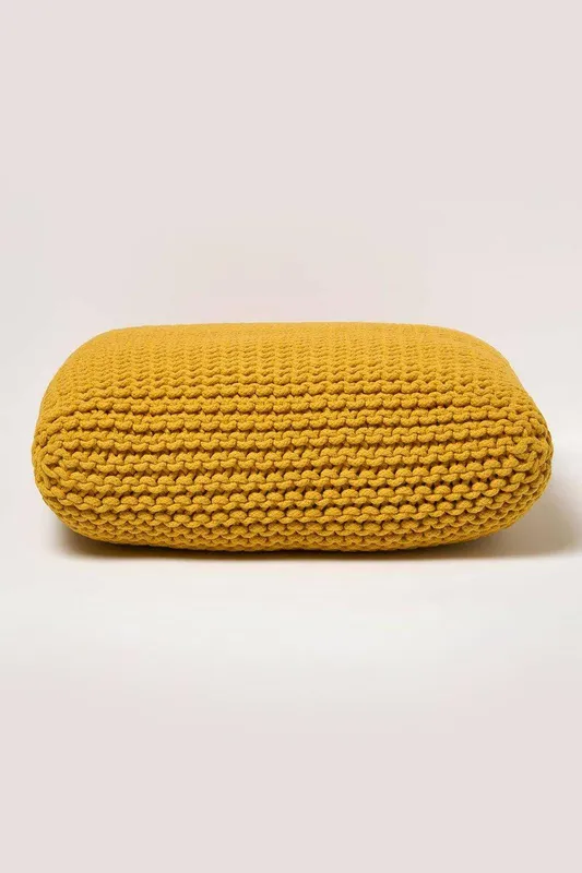 Homescapes Square Cotton Knitted Pouffe Floor Cushion in Yellow - Yellow