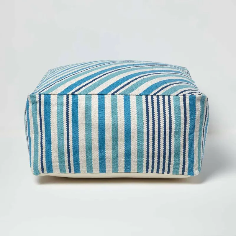 Homescapes Stripe Beanbag Cube Pouffe Large in Blue - Blue