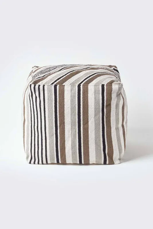 Homescapes Stripe Cube Square Footstool 40 x 40 x 40 cm in Grey - Grey