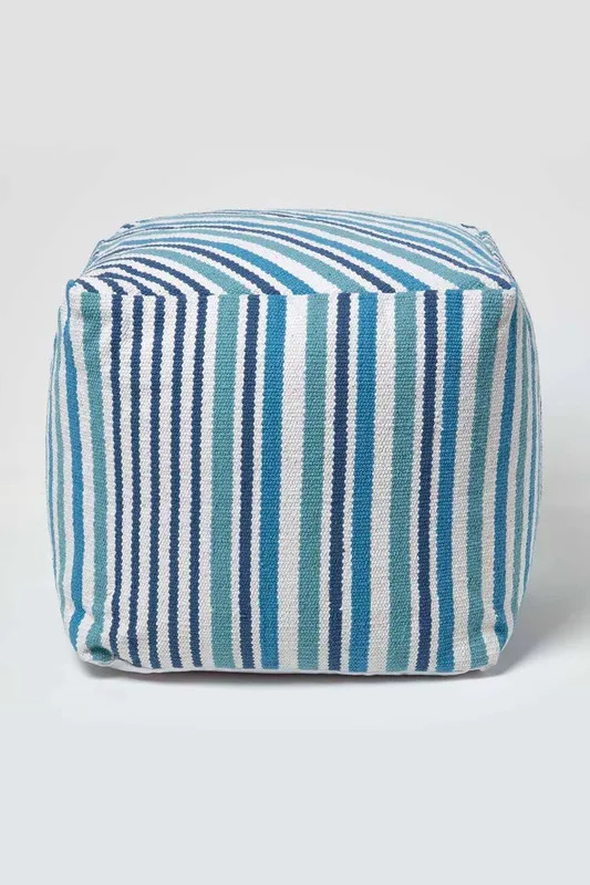 Homescapes Stripe Cube Square Footstool in Blue - Blue