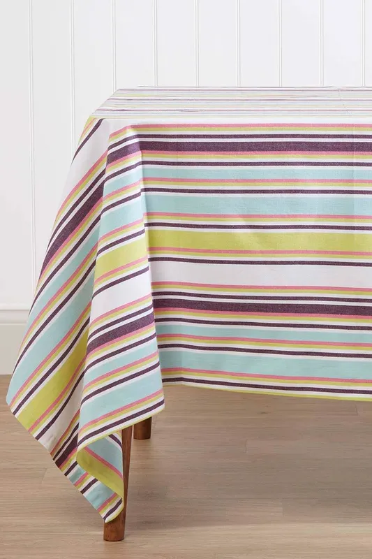 Homescapes Striped Cotton Tablecloth, 137cm x 178cm in Green - Green