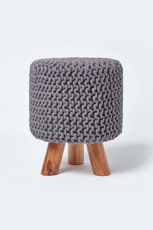 Homescapes Tall Cotton Knitted Footstool on Legs in Grey Grey