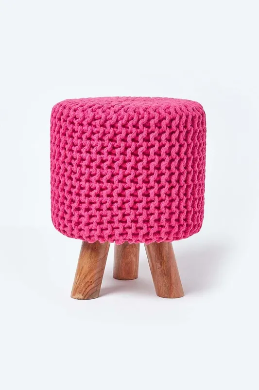 Homescapes Tall Cotton Knitted Footstool on Legs in Pink Pink
