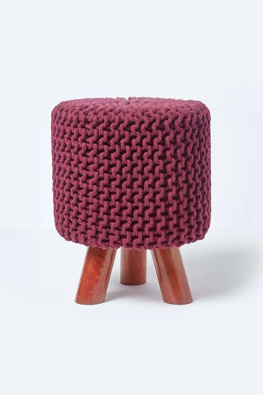 Homescapes Tall Cotton Knitted Footstool on Legs in Plum - Plum