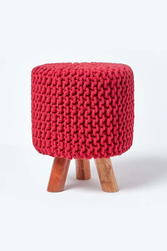 Homescapes Tall Cotton Knitted Footstool on Legs in Red Red