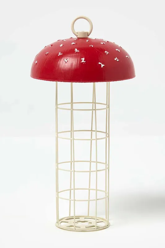 Homescapes Tall Red Mushroom Hanging Bird Feeder - Red