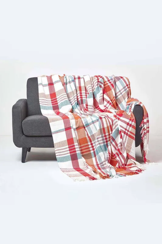 Homescapes Unisex Tartan 100% Cotton Falun Throw in Red Size: 255cm x 360cm Red female