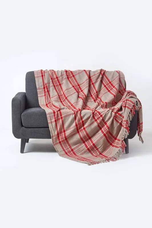 Homescapes Tartan Check Sofa & Bed Throw in Red Size: 150 cm x 200 cm Red 150 cm x 200 cm