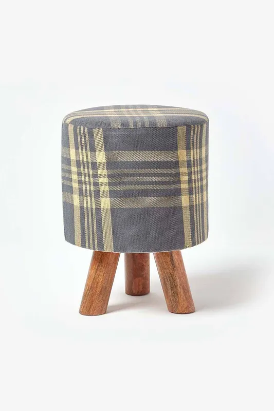 Homescapes Tartan Fabric Footstool with Wooden Legs in Grey - Grey