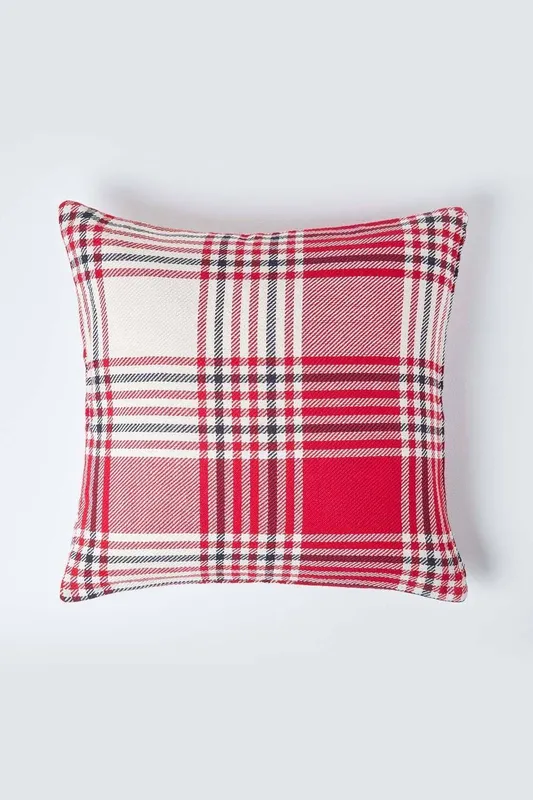 Homescapes Tartan Pattern Cushion Cover in Red Size: 60cm x 60cm - Red - Size: 60cm x 60cm