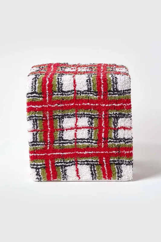 Homescapes Tartan Pattern Tufted Cotton Cube Pouffe - Multicolor