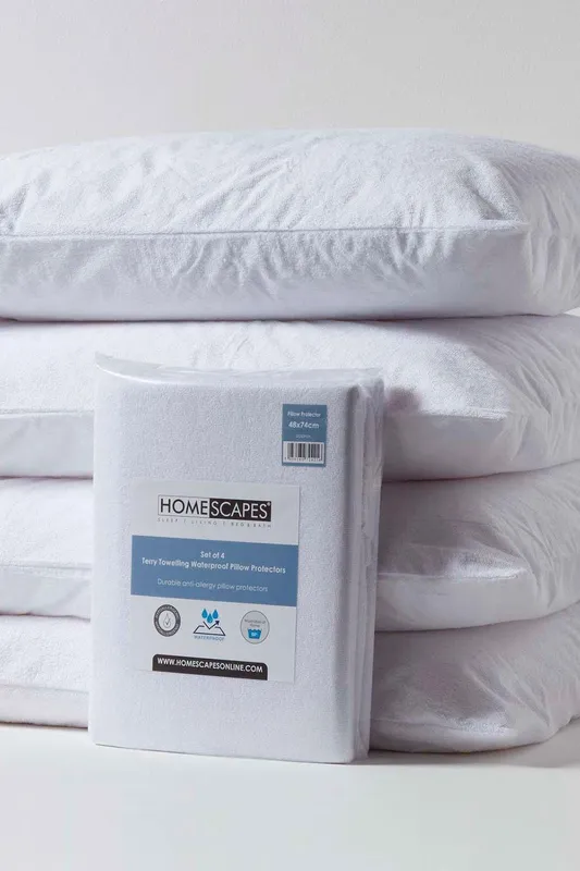 Homescapes Terry Towelling Waterproof Pillow Protectors Standard Size, Pack of 4 in White White