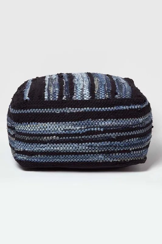 Homescapes Texas Leather, Denim Woven Striped Bean Filled Pouffe, 60 cm in Blue Blue