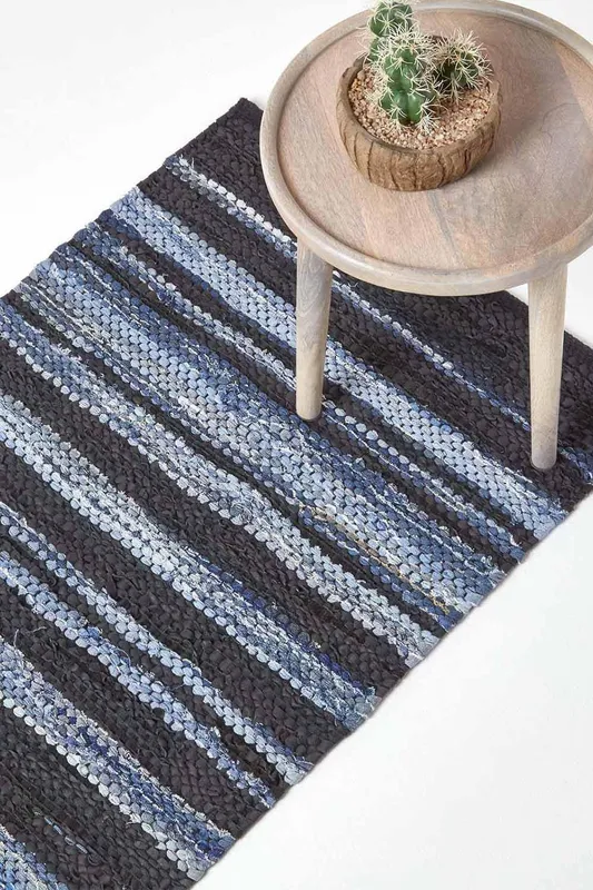 Homescapes Texas Leather & Denim Woven Striped Blue Hall Runner, 66 x 200 cm Size: 66cm x 200cm - Blue