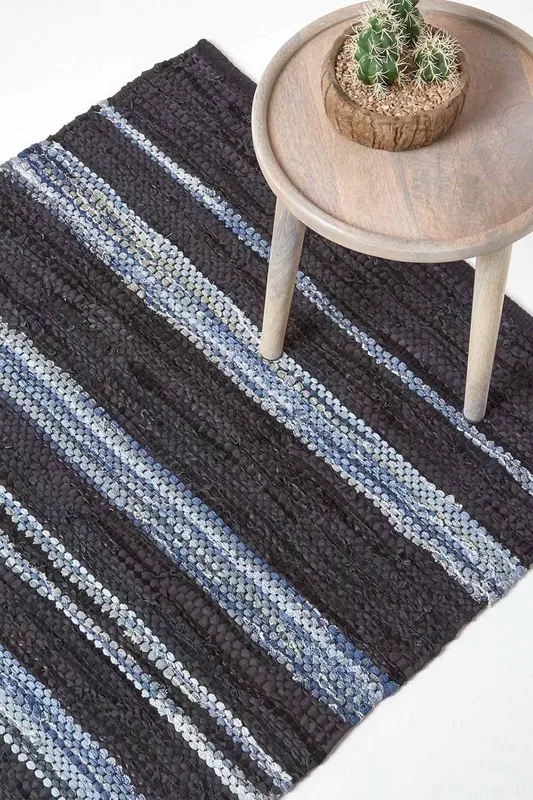 Homescapes Texas Leather & Denim Woven Striped Blue Rug Size: 120 cm x 170 cm Blue 120 cm x 170 cm