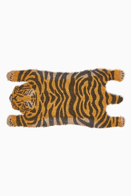 Homescapes Unisex Tiger Shaped Coir Animal Print Non-Slip Doormat in Orange Size: 37cm x 74cm Orange female