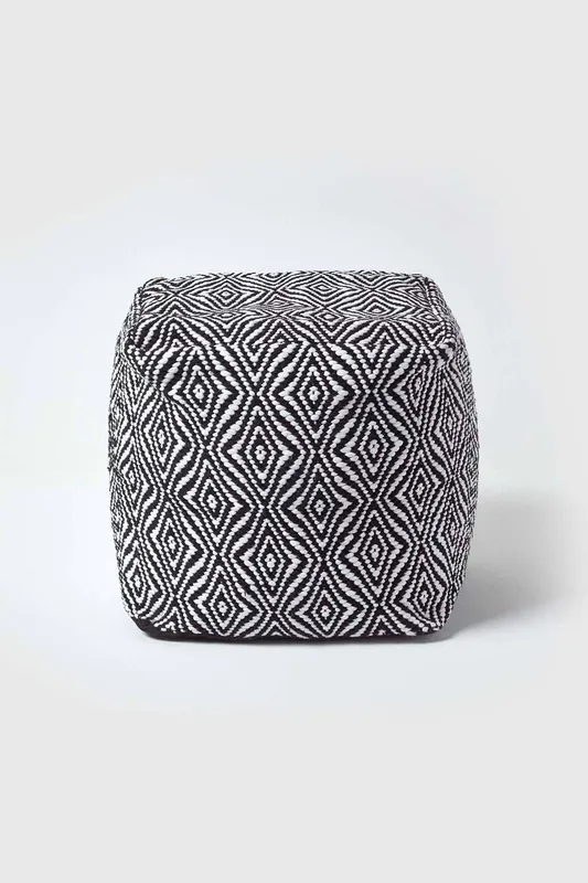 Homescapes Trance Diamond Pattern Square Bean Filled Pouffe, 40 cm in Black - Black
