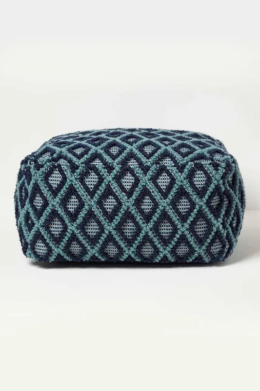 Homescapes Tula Handwoven Textured Pouffe Bean Cube in Navy - Navy