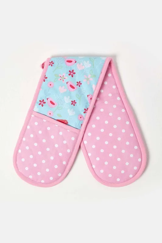 Homescapes Birds & Flowers Pink Cotton Double Oven Glove Pink