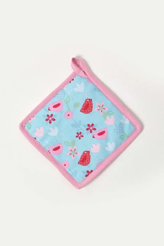 Homescapes Unisex Birds & Flowers Pink Cotton Pot Holder in Blue Blue female