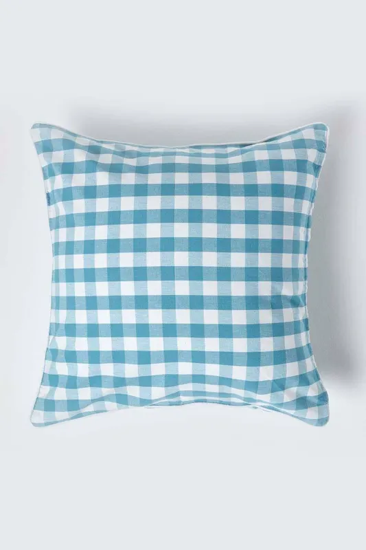 Homescapes Unisex Block Check Cotton Gingham Cushion Cover in Blue Size: 45cm x 45cm Blue 45cm x 45cm female