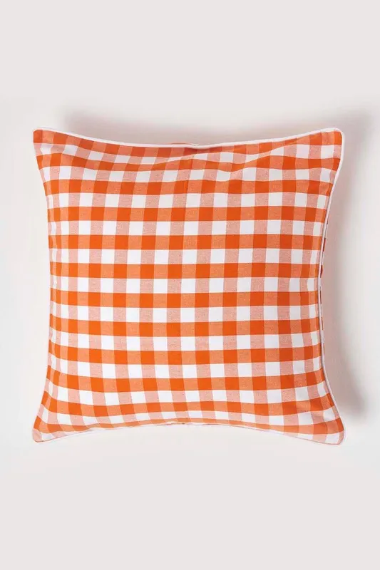 Homescapes Block Check Cotton Gingham Cushion Cover in Orange Size: 60 cm x 60 cm Orange 60 cm x 60 cm