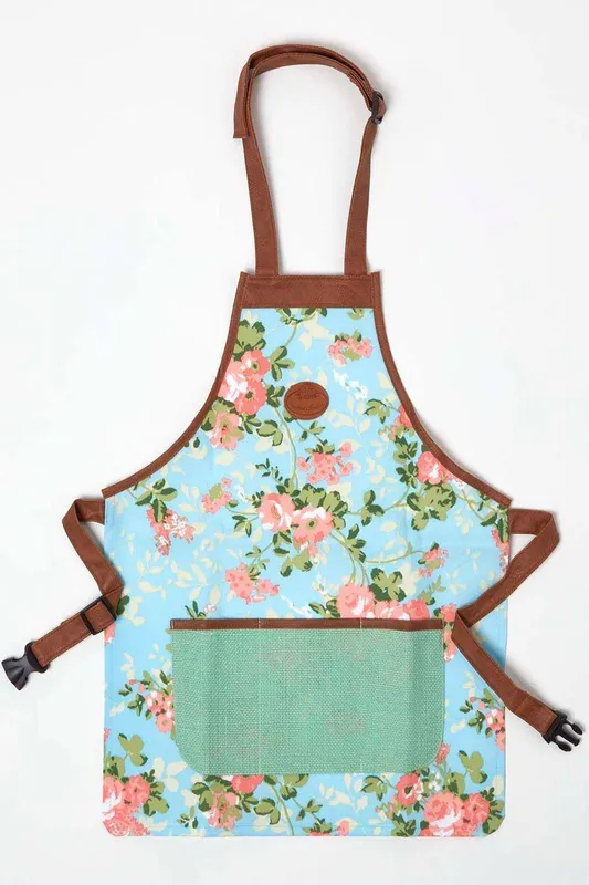 Homescapes - Blue and Pink Gardening Apron with Floral Rose Design