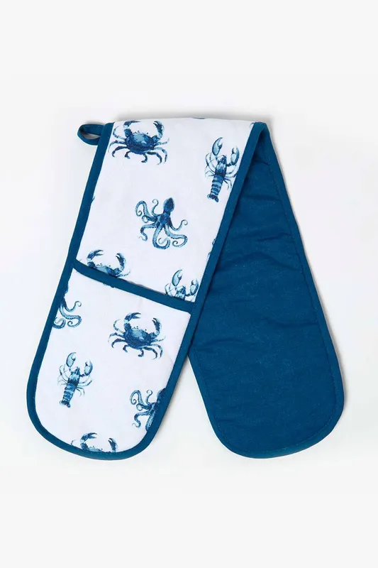 Homescapes Unisex Blue Sea Animal 100% Cotton Double Oven Glove Blue female