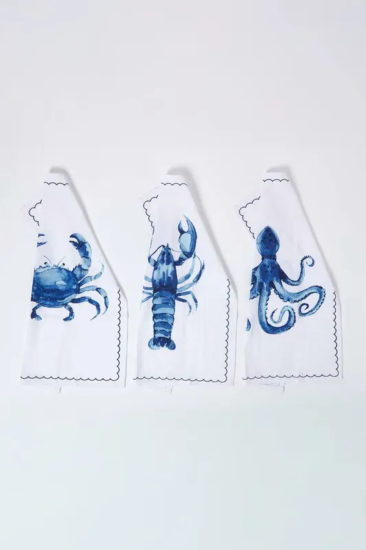Homescapes Blue Sea Animal Tea Towels Set of Three - Blue - Size: One Size