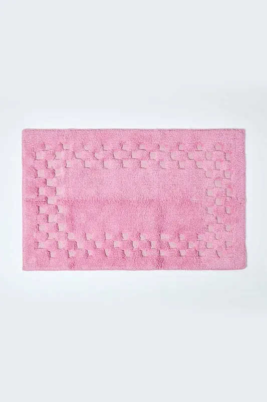 Homescapes Cotton Check Border Bath Mat in Pink - Pink