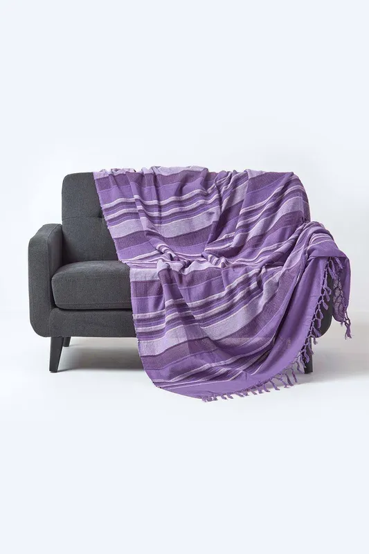Homescapes - Cotton Morocco Striped Mauve Throw, 255 x 360 cm