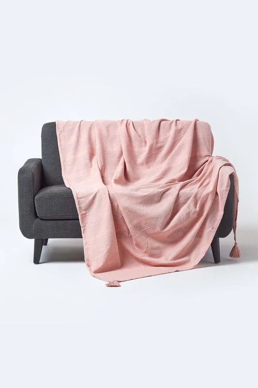 Homescapes - Cotton Rajput Ribbed Pink Throw, 150 x 200 cm - Pink